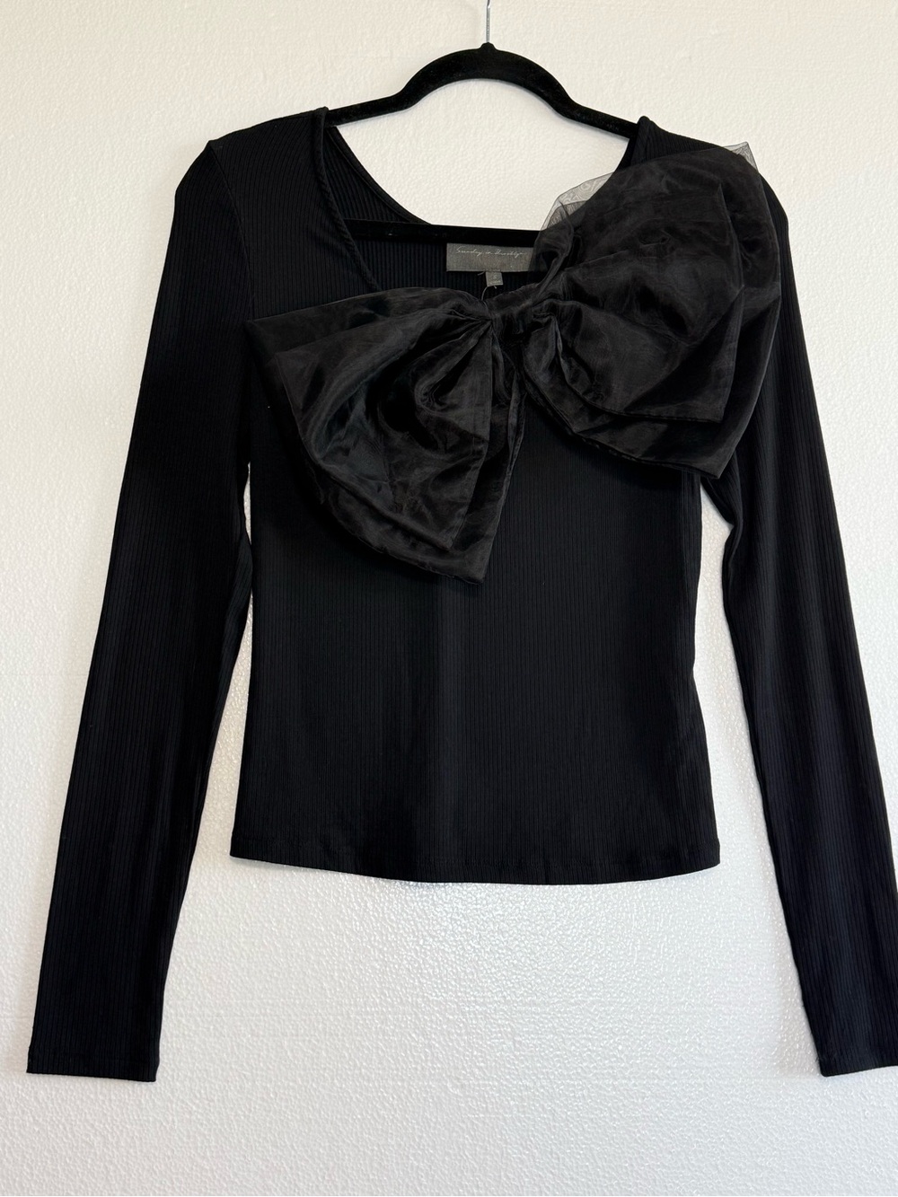NWT Sunday in Brooklyn Black Ribbed Long Sleeve Bow Top Size S